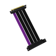 45 degree angle view of the Cooler Master MasterAccessory PCIe 4.0 Riser Cable with three matte black cables and a single purple accent cable. 