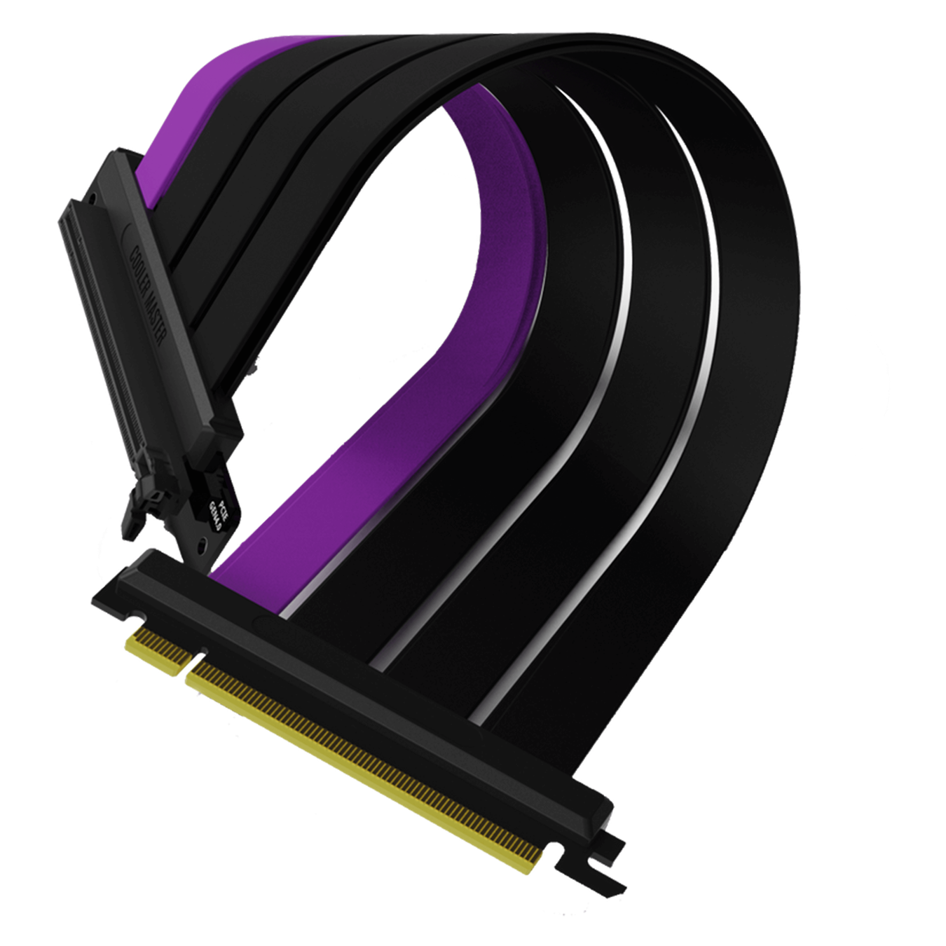 Side view of the folded Cooler Master MasterAccessory PCIe 4.0 Riser Cable with three matte black cables and a single purple accent cable. 