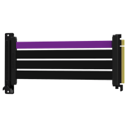 The Cooler Master MasterAccessory PCIe 4.0 Riser Cable with three matte black cables and a single purple accent cable in a horizontal position. 