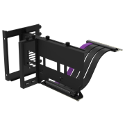 Black Universal Vertical GPU Bracket with an included matte black PCIe 4.0 riser cable with purple accents, extended to accomadate various case layouts and GPU lengths. 