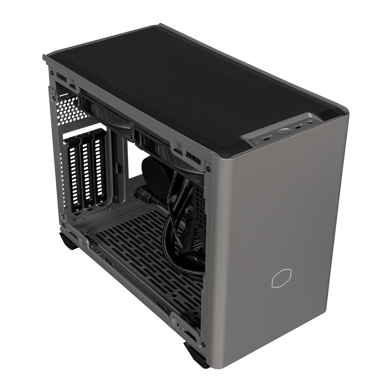 Angled side veiw of NR200P MAX with black mesh top panel, I/O and satin grey front panel. The side panel has been removed and internal components such as the AIO and PSU are revealed.