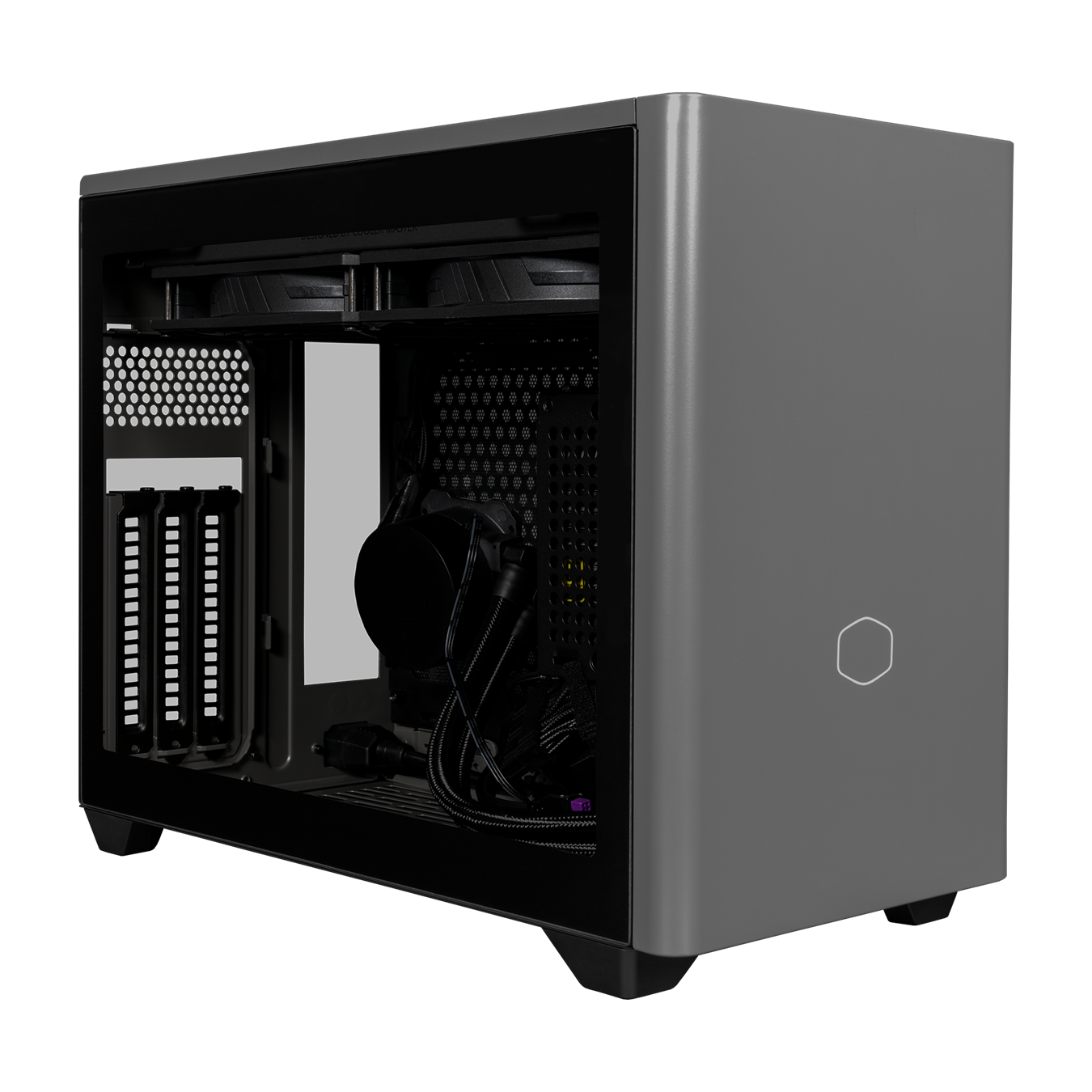 Angled side veiw of NR200P MAX with tempered glass side panel and satin grey front panel. Included components such as the AIO and PSU as displayed behind the tempered glass. 