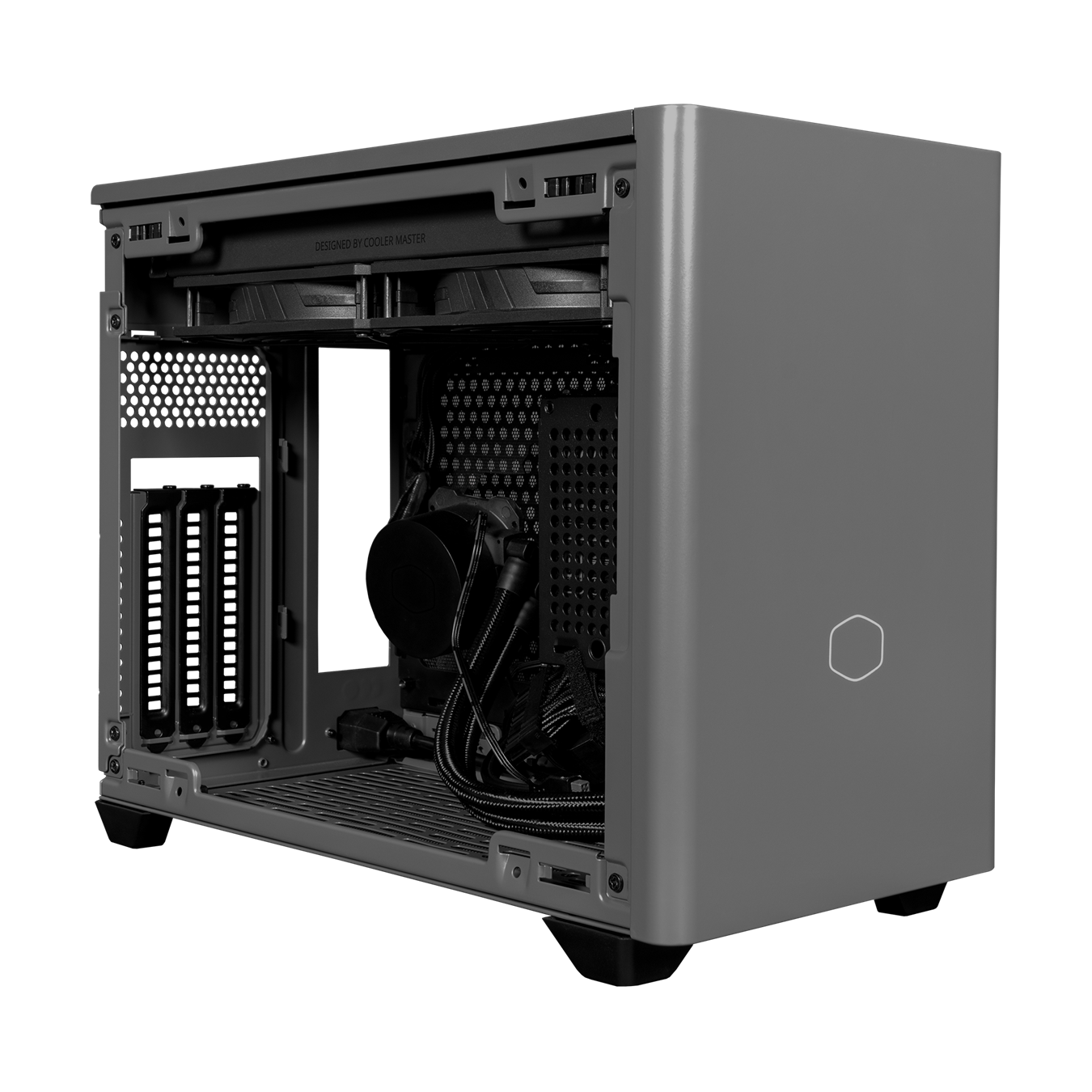 Angled side veiw of NR200P MAX with satin grey front panel. The side panel has been removed and included components such as the AIO and PSU are revealed. 