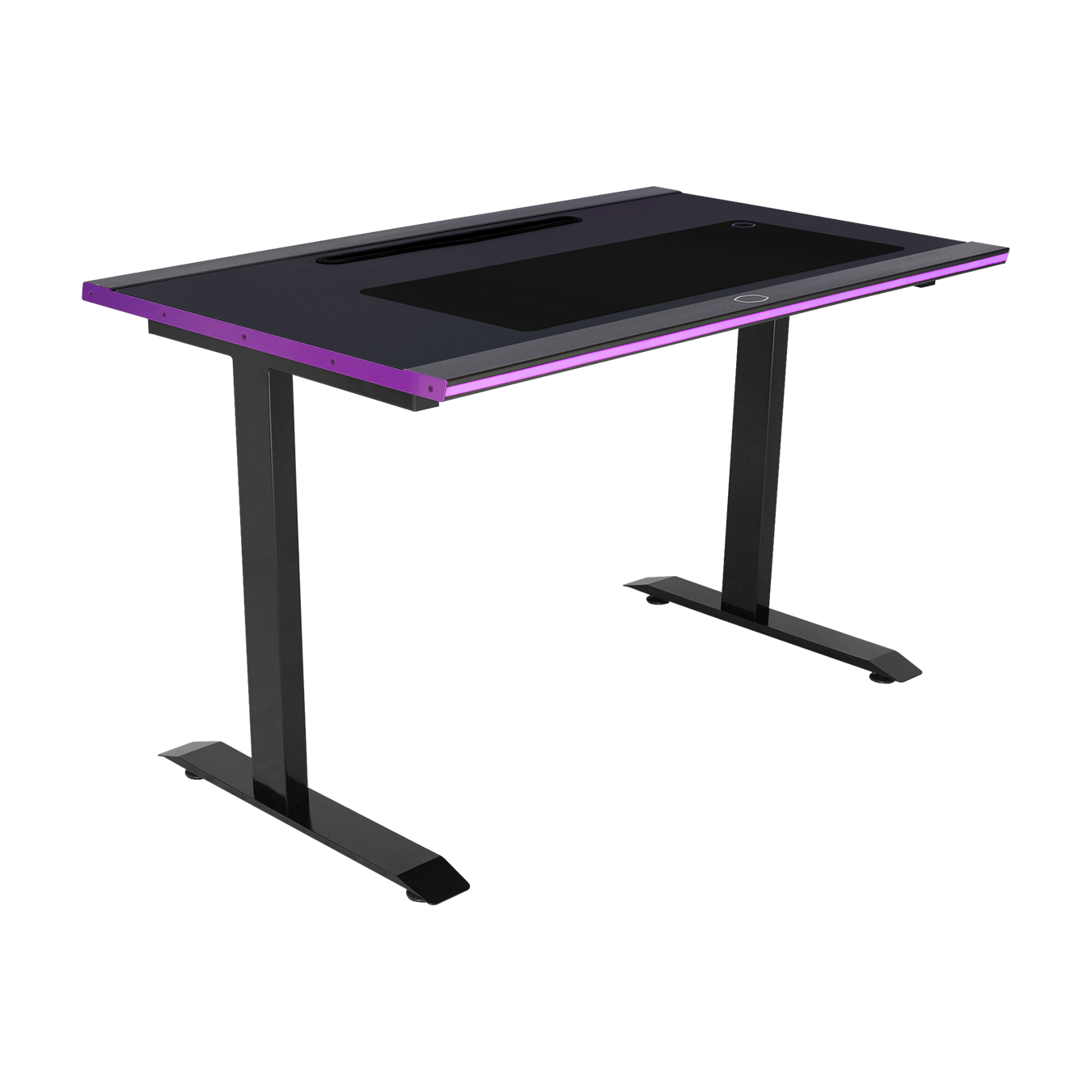 GD120 ARGB Gaming Desk - 45 degree angle of left tilt front view with purple LED lights