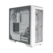 45 degree side view of the white HAF 500 with two 200mm MasterFans; glass side panel installed.