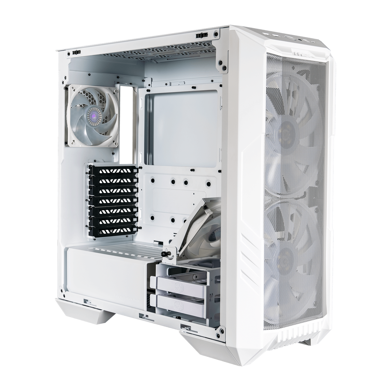 45 degree side view of the white HAF 500 with two 200mm MasterFans; glass side panel removed.