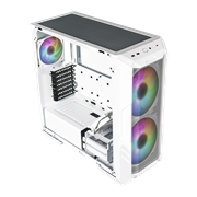 45 degree side view of the white HAF 500 with two 200mm ARGB MasterFans; glass side panel removed.