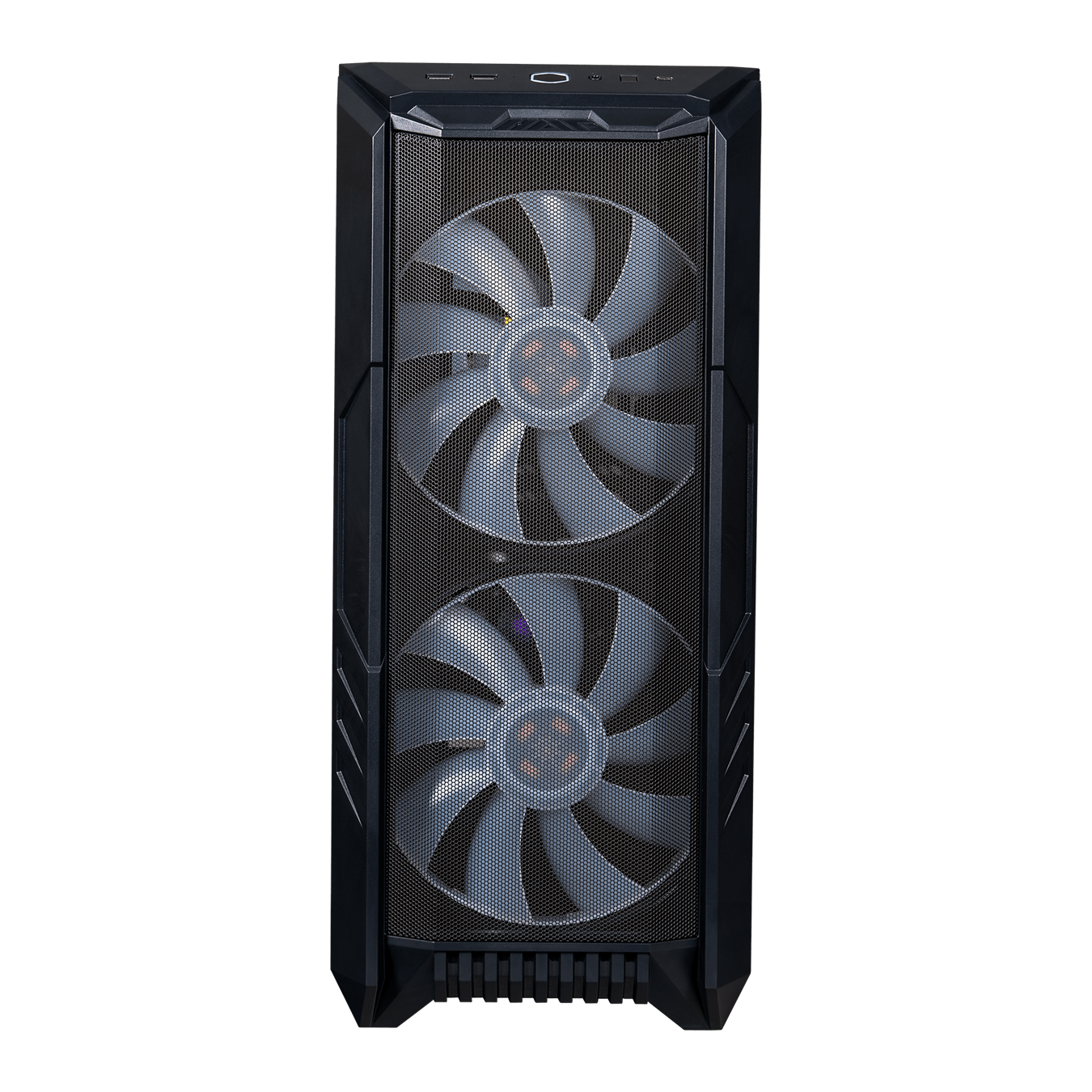 Front view of the black HAF 500 with mesh front panel and two 200mm MasterFans.