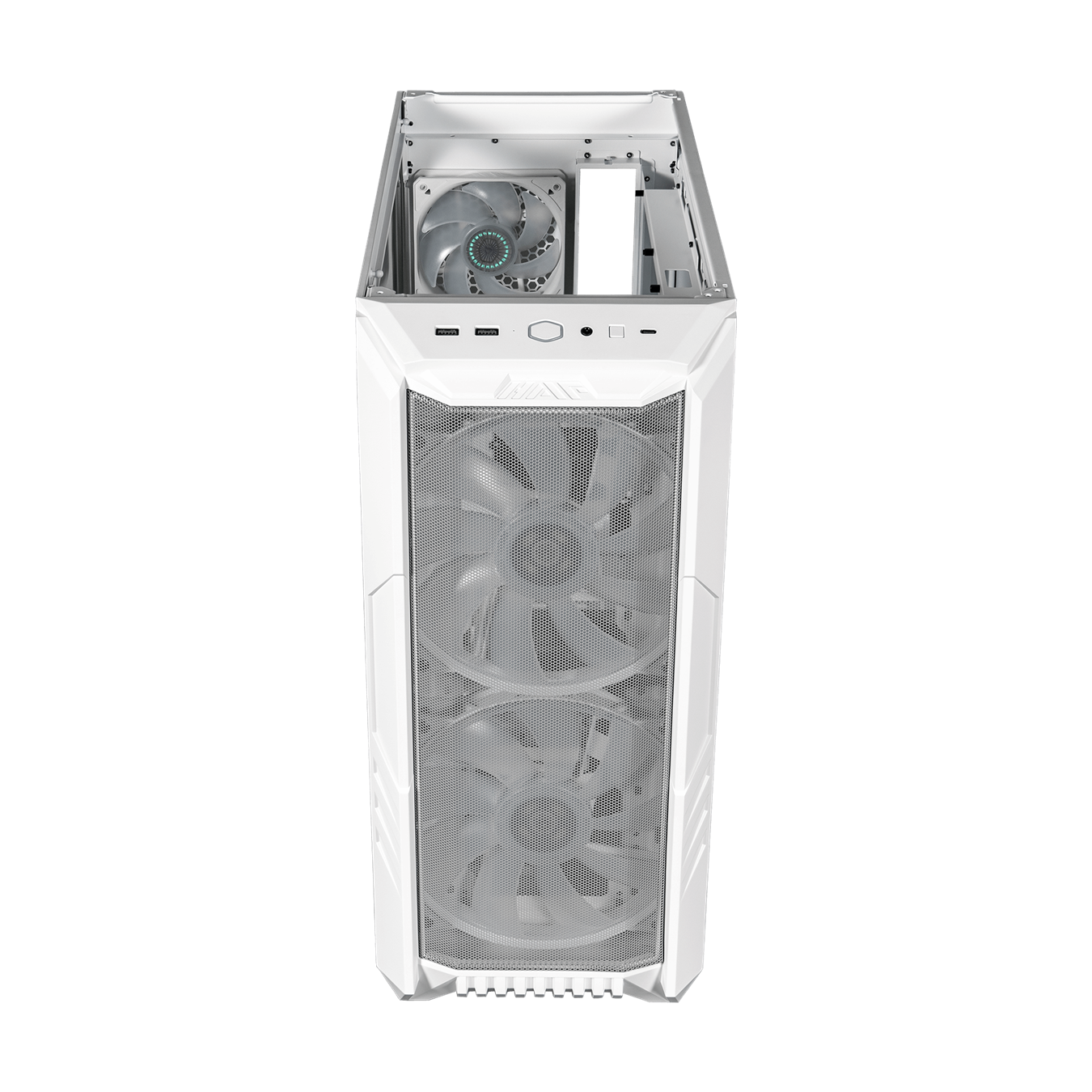 45 degree front view of the white HAF 500 with top panel removed.