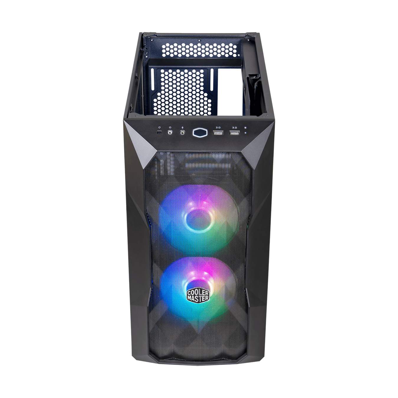 45 degree front view of the black TD300 with mesh front panel and two ARGB SickleFlow fans. 