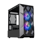 45 degree side view of the black TD300 with mesh front panel and two ARGB SickleFlow fans; side panel removed. 