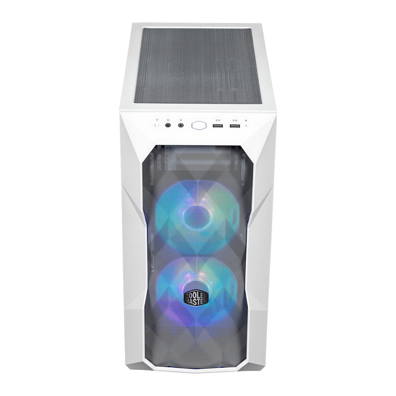 45 degree front view of the white TD300 with mesh front panel and two ARGB SickleFlow fans. 