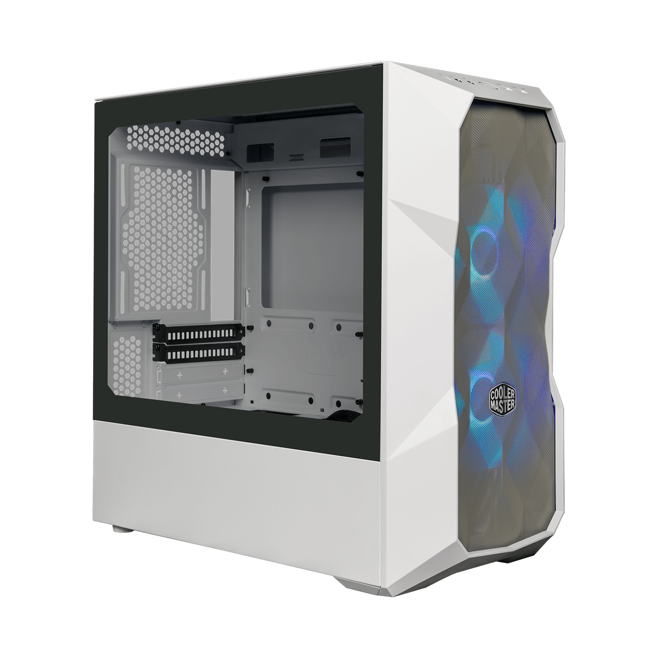 45 degree side view of the white TD300 with mesh front panel and two ARGB SickleFlow fans; side panel installed. 