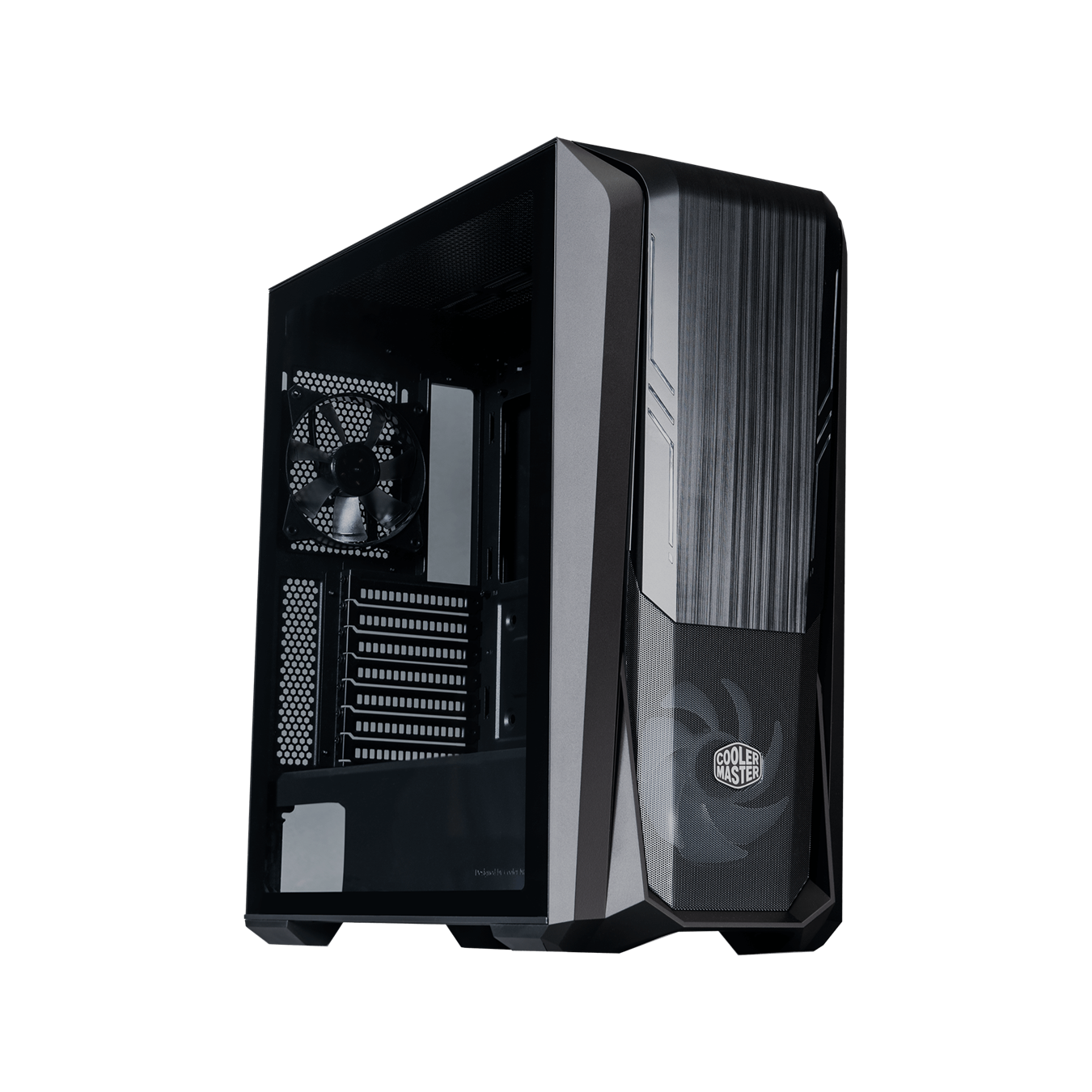 45 side left view of the MasterBox 500 with tempered glass side panel.
