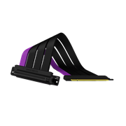 45 degree angle view of the Cooler Master MasterAccessory PCIe 4.0 Riser Cable with three matte black cables and a single purple accent cable. 