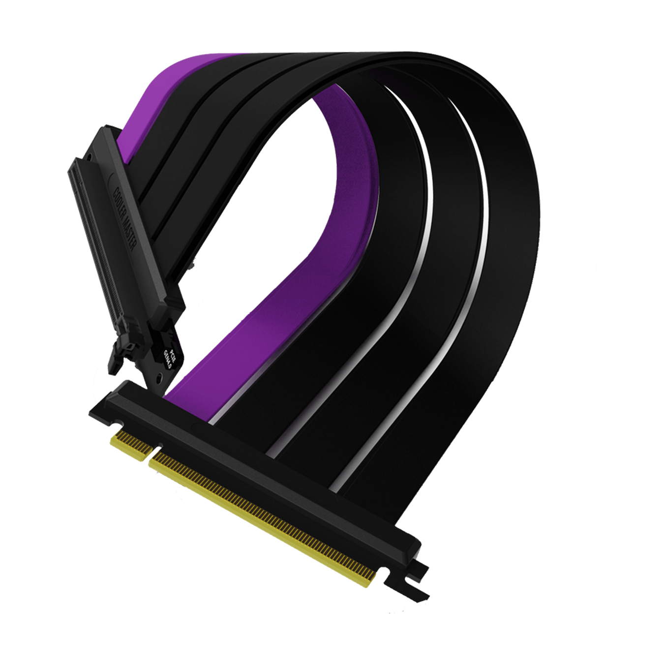 Side view of the folded Cooler Master MasterAccessory PCIe 4.0 Riser Cable with three matte black cables and a single purple accent cable. 