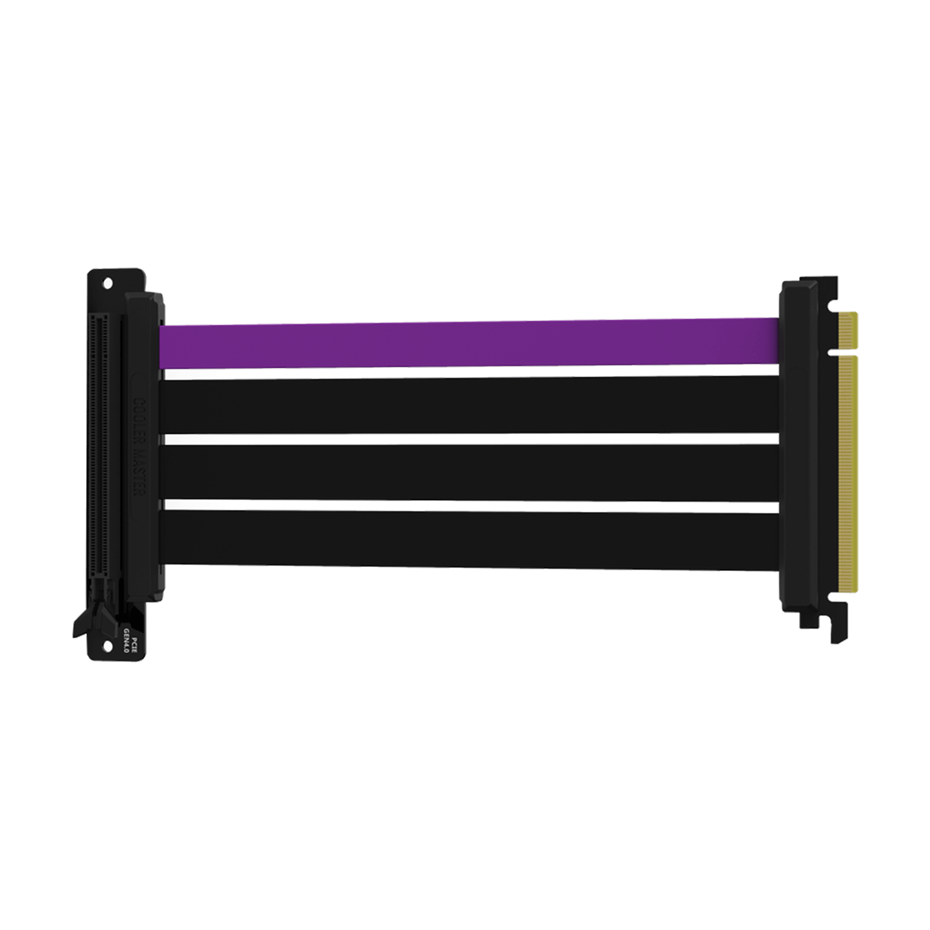 The Cooler Master MasterAccessory PCIe 4.0 Riser Cable with three matte black cables and a single purple accent cable in a horizontal position. 