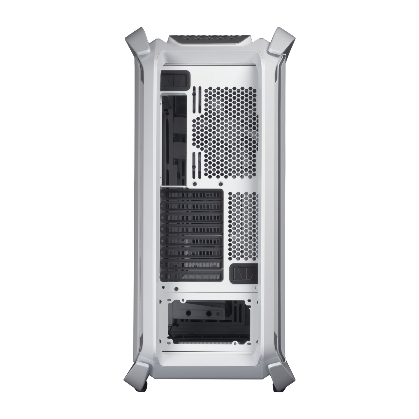 COSMOS C700M White - The unique frame design supports a conventional, chimney, inverse layout, or a fully customized layout. The motherboard tray is also removable for installation outside of the chassis.