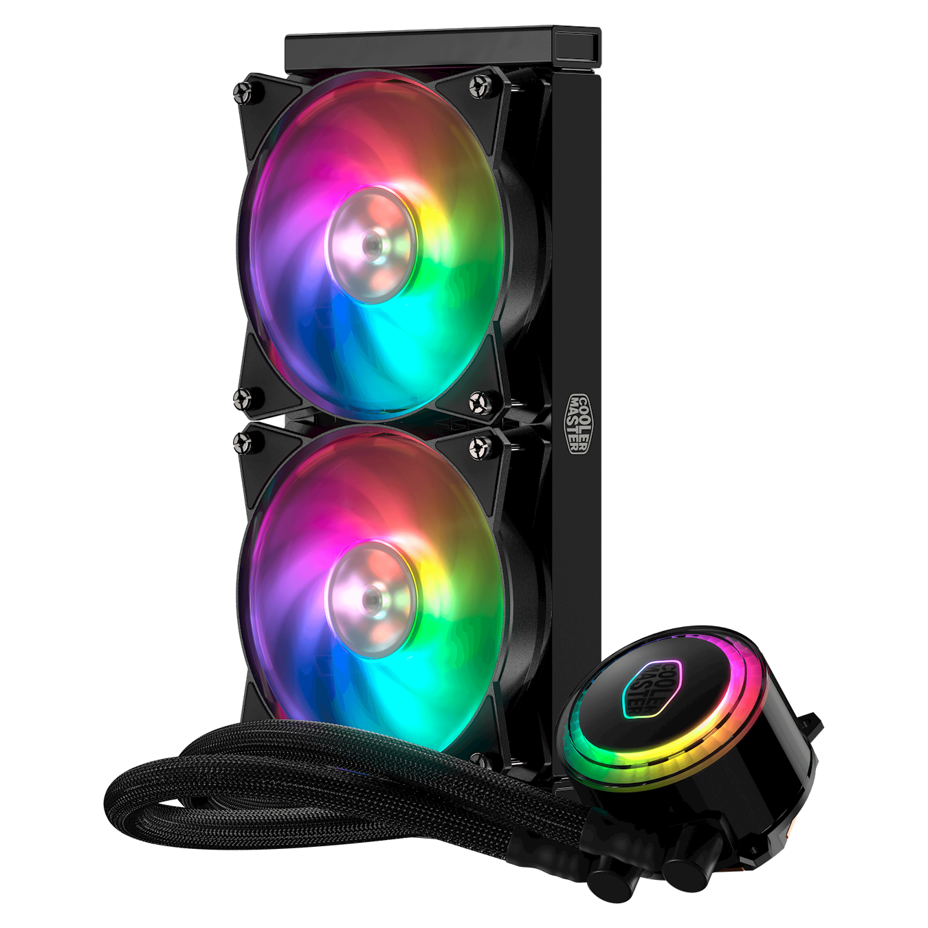 Addressable RGB LEDs on the pump and fans for full color customization that can be controlled through Cooler Master software CM Plus