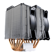 The dual tower heatsink has a combination of 2 sets of heatsink towers with 2 sets of MasterFan MF120R RGB.